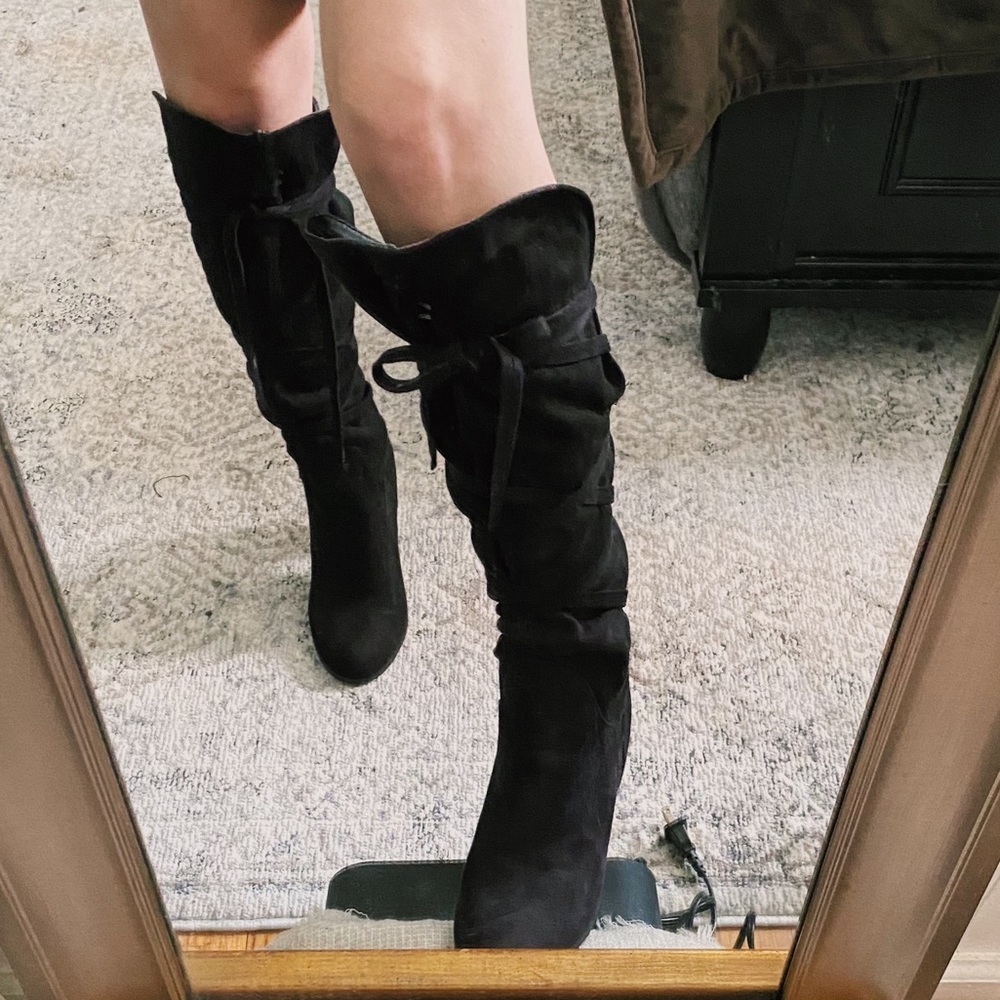 Black Knee High Suede Wrap Around Lace Up Knee High Heeled Boots